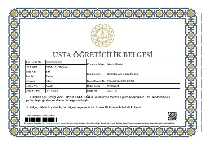 Usta öğreticilik belgesi